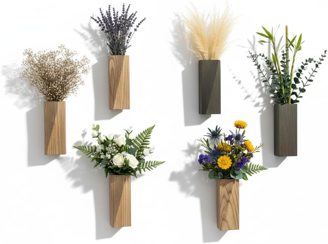 2 Pieces Wooden Wall Hanging Plant Pots Vase Contains Artificial Green Plants for Indoor Fake Plants Greenery Flowers, Modern Planters for Bathroom, Living Room, Kitchen Decor, (Brown)