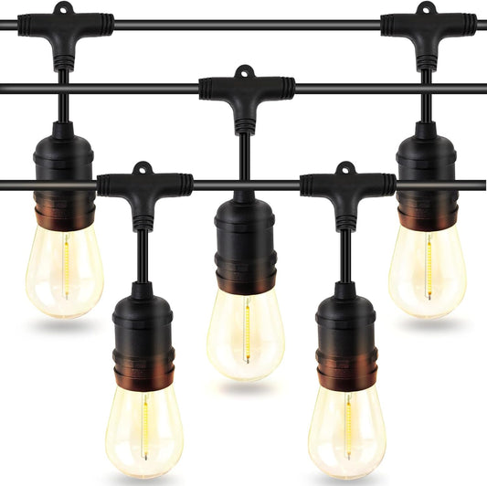48ft LED Outdoor String Lights with 15+1(Spare) 1W Shatterproof Bulbs, Black Waterproof IP65 Connectable Outdoor Decorative Lights for Garden Patio Cafe Bistro Backyard Porch, UL Listed