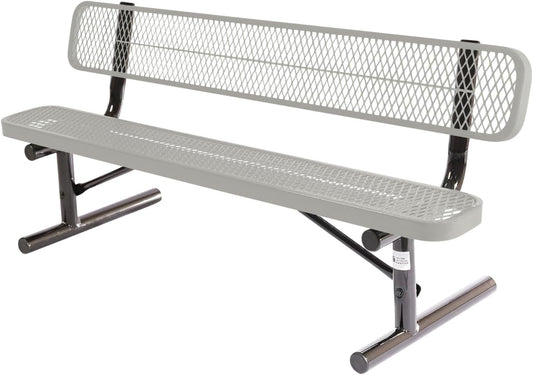 Coated Outdoor Furniture Heavy-Duty Portable Outdoor Bench Thermoplastic Coated, Expanded Metal, Commercial-Grade Seating, Made in America (Portable with Back, 6 Ft, Grey)