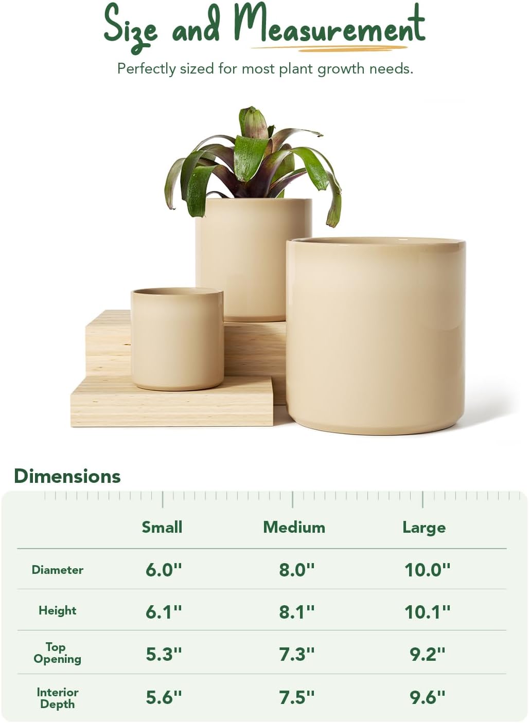 LE TAUCI Ceramic Plant Pots Indoor, 10+8+6 Inch Planters for Indoor Plants, Mid-Century Modern Flower Pots with Drainage Hole and Plug, Cylinder Round Planters, Set of 3, Cloud Cream