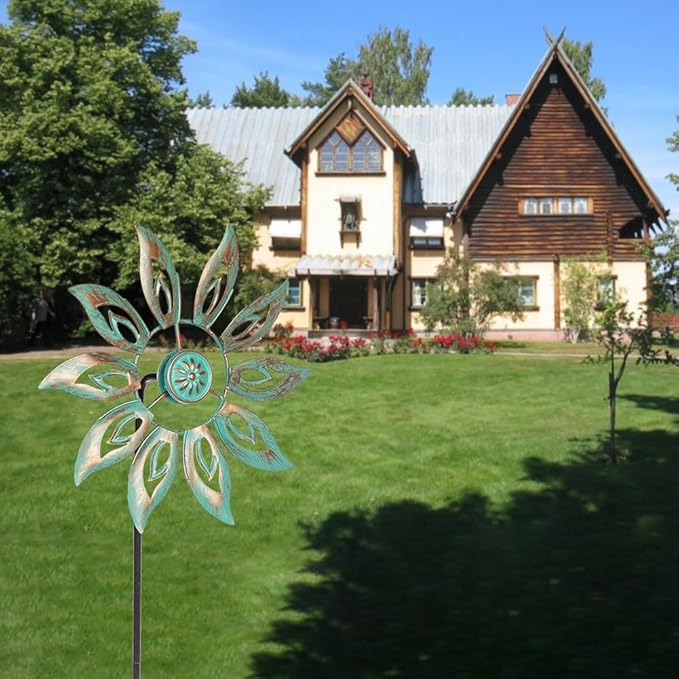 VEWOGARDEN Metal Flower Wind Spinners Outdoor, Garden Kinetic Wind Sculptures & Spinners for Yard Lawn Patio Decorations, Light Green