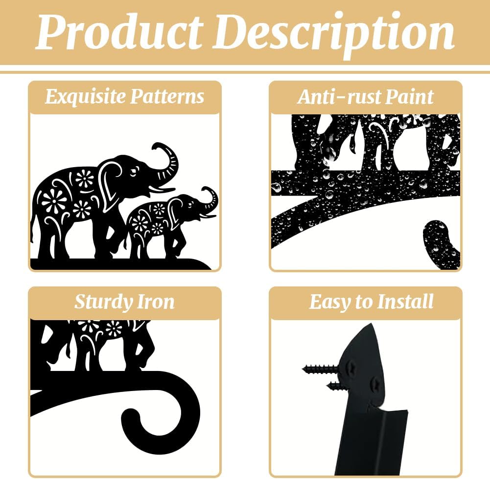 peacoblue Iron Plant Hangers Holder for Outdoor Indoor Hanging Plants Flower Fern Pots Lantern Bird Feeder Wind Chimes, 12”x14” Weather Resistant Metal Wall Hooks for Porch Garden Farmhouse(Elephant)