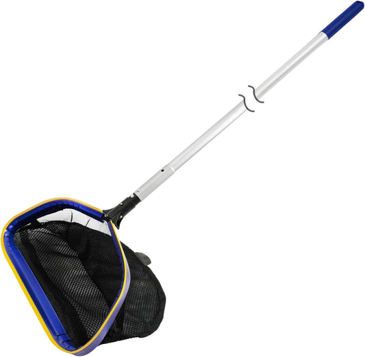 Poolvio Pool Deep Skimmer Net with 3ft - 10ft 1.0mm Thick Adjustable Aluminum Pole & Fine Mesh Bag Leaf Skimmer Rake Net for Above Ground & Inground Swimming Pools, Removes All Debris