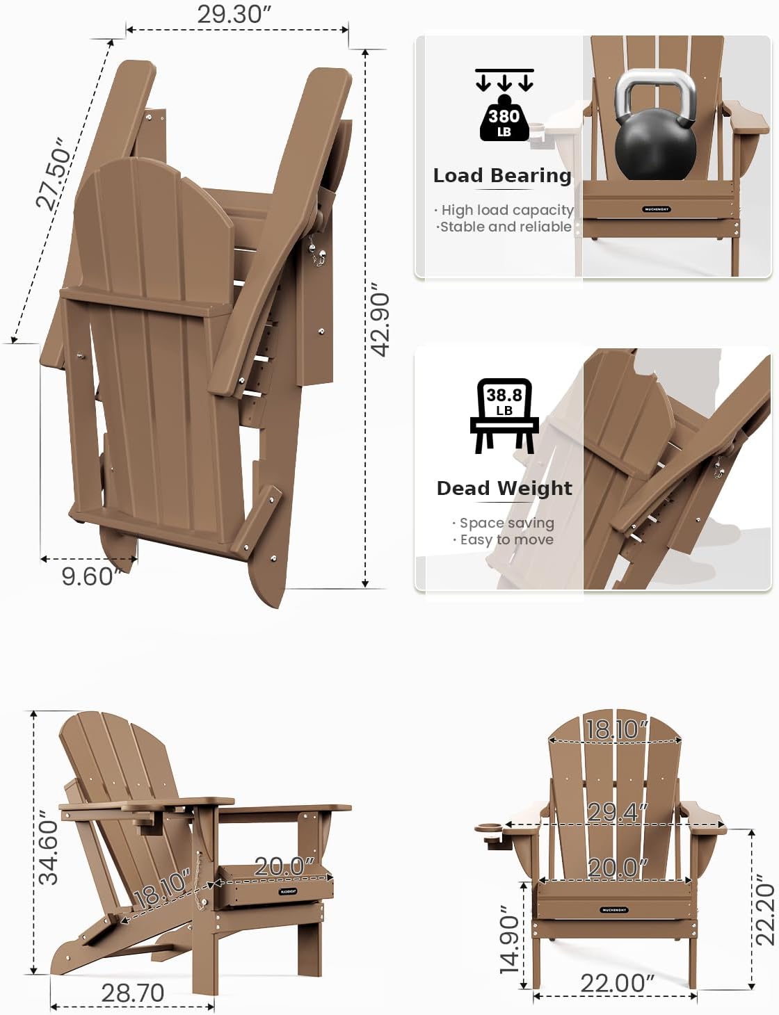 MUCHENGHY Folding Adirondack Chairs 6 Pack, Patio Chairs, Lawn Chairs, Outdoor Chairs, Adirondack Chair Plastic, Fire Pit Chairs, Weather Resistant with Cup Holder for Deck, Backyard, Garden(Teak)