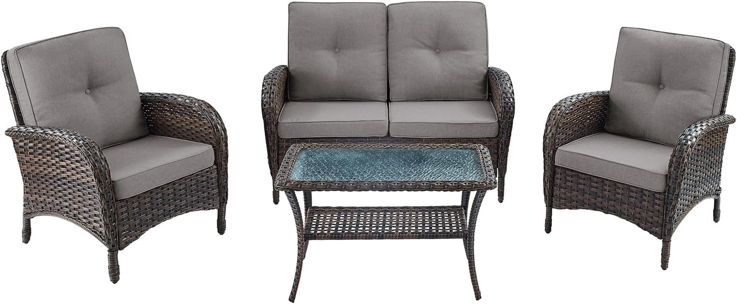HUMMUH 4-Piece Patio Furniture Wicker Outdoor Conversation Set,All-Weather Rattan Outdoor Sofa Set Patio Chairs Coffee Table for Backyard,Porch,Deck