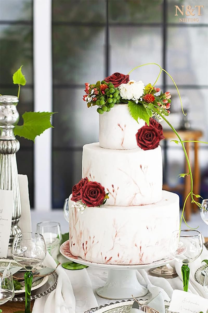 N&T NIETING Artificial Flowers Glowing Red Flowers Foam 25pcs Glitter Roses Real Looking Fake Roses with Stem for DIY Wedding Bouquets Centerpieces Bridal Shower Party Home Decorations