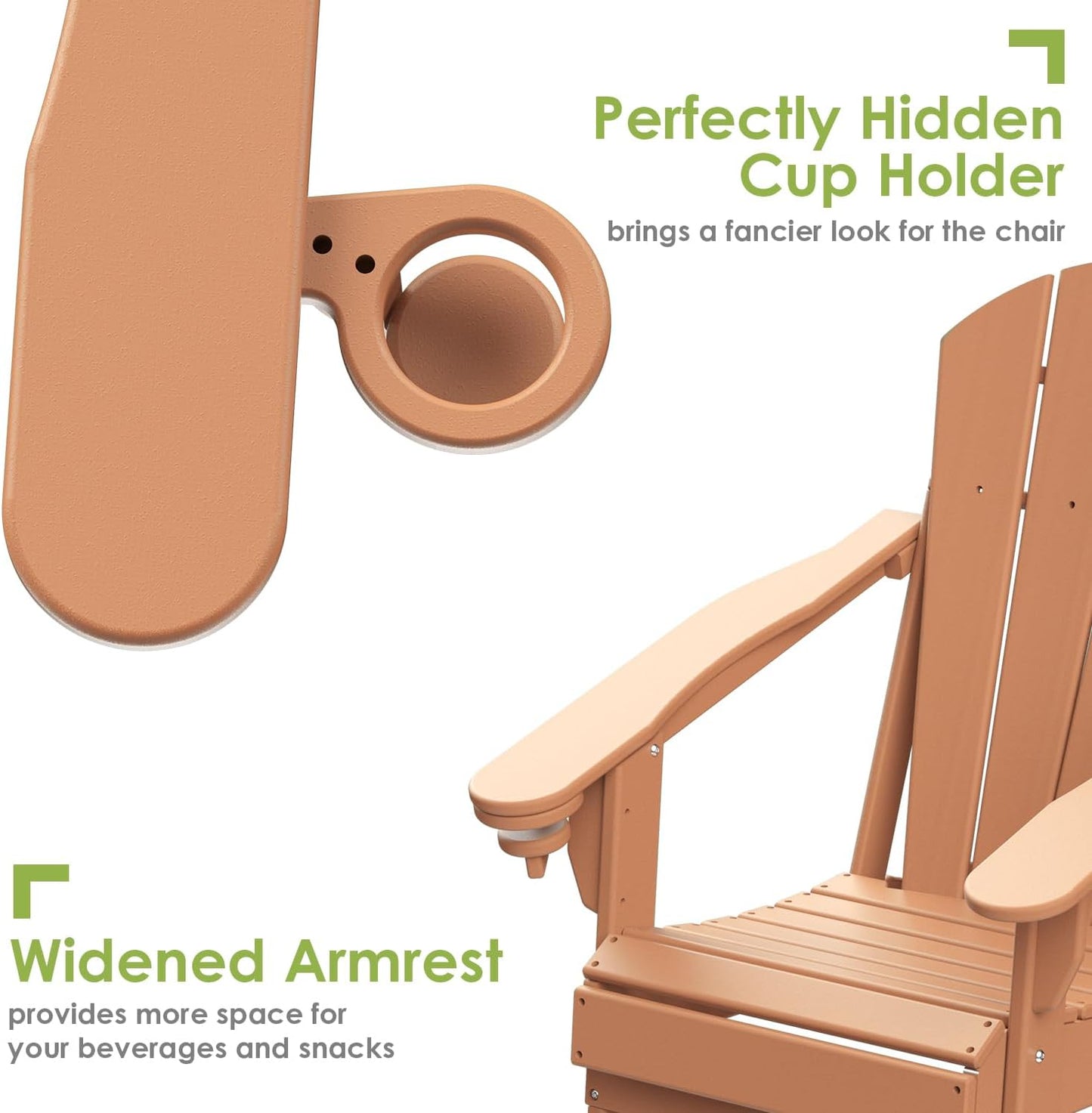 GREENVINES Folding-Adirondack-Chairs-Set-of-2 | HDPE Plastic | Fire Pit Chair | All Weather | Cup Holder | Teak | for Deck Backyard Patio Outdoor Garden