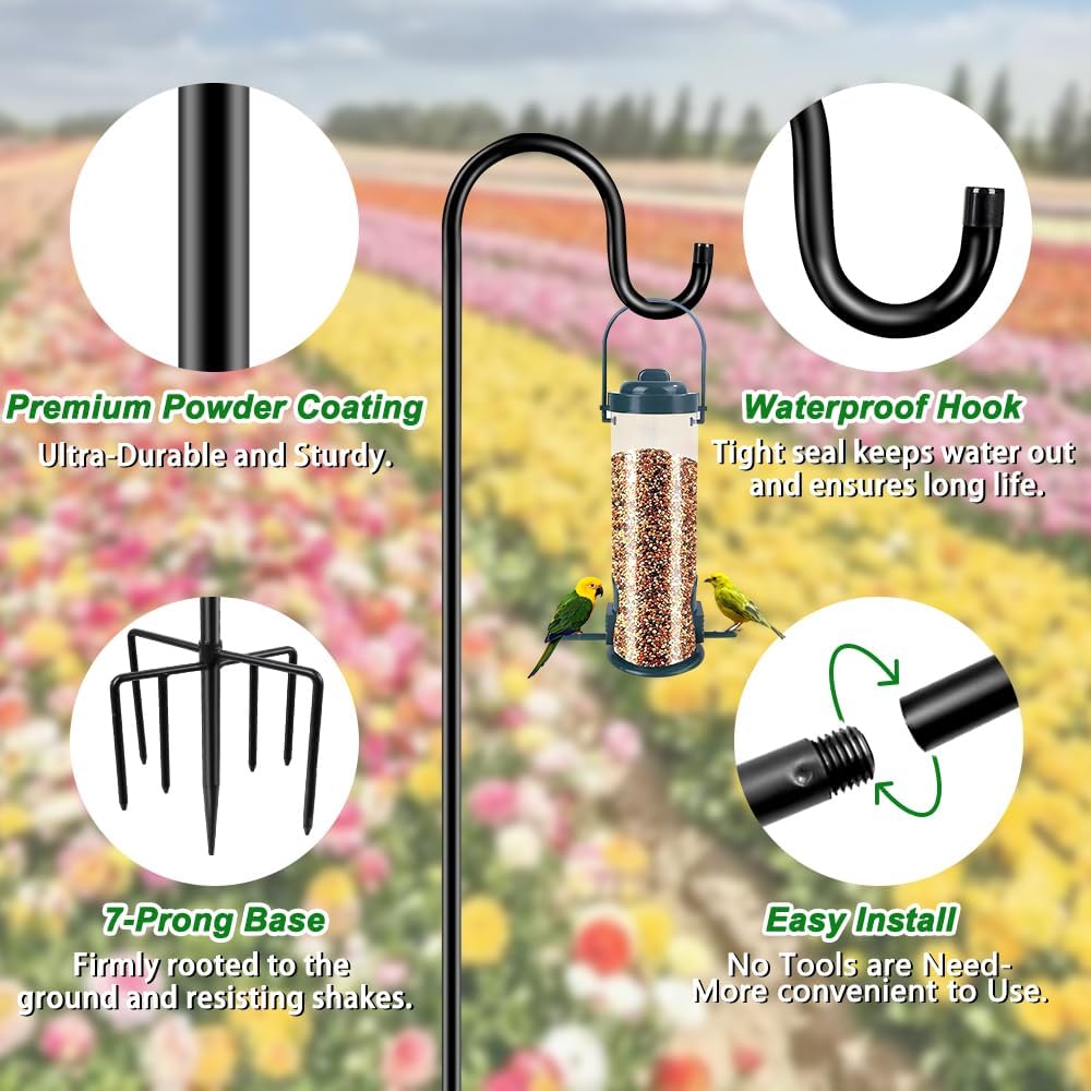 60" Shephards Hook for Outdoor, Heavy Duty Bird Feeder Pole with 7 Base Prongs, Adjustable Shepherds Hook for Hanging Bird Feeder, Solar Light Lanterns, Garden Plant Hanger Stands,2 Packs