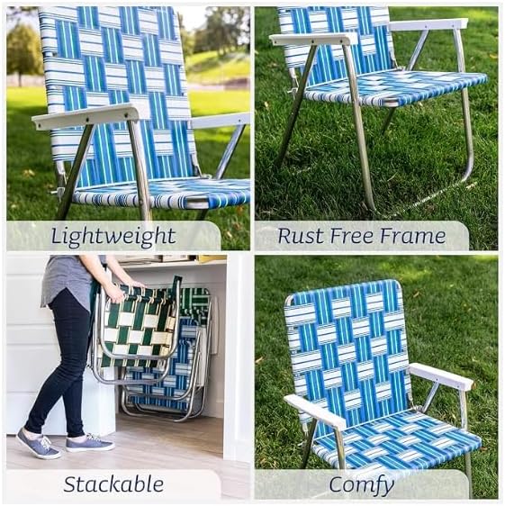 Lawn Chair USA Folding Aluminum Outdoor Patio Lawn Chair | Heavy-Duty Webbed Chairs for Camping, Sports, Beach, Yard & Tailgating | Lightweight Portable | Classic - Charleston Tan with Green Arms