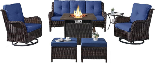 Outdoor Patio Furniture Set with Propane Fire Pit Table, 7 Pieces Wicker Patio Conversation Set with 2 Swivel Glider Rocker Chairs Rattan Sofa Blue Cushion Perfect for Casual Gathering