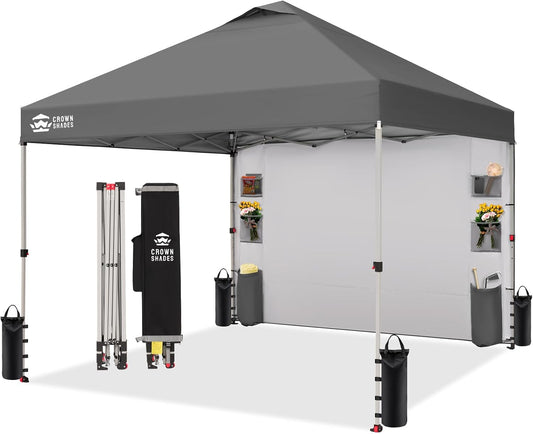 CROWN SHADES Canopy Tent 10x10 Pop Up Canopy Outdoor Shade with Pockets Sidewall, Easy Up Sun Shelter with One Person Set Up Center Lock, Portable Instant Camping Beach Canopy Tents, Grey