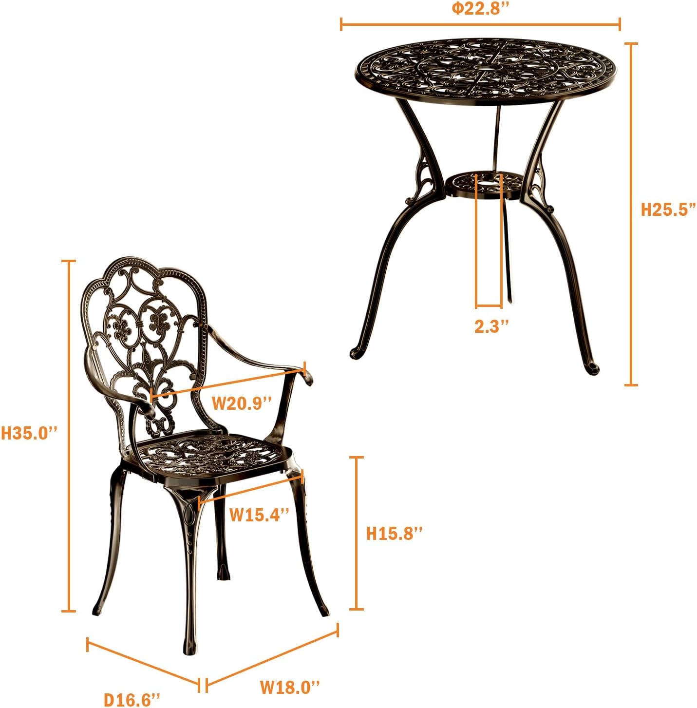 Patio Bistro Set of 2, Cast Aluminum, Outdoor Set w/Umbrella Hole, 3 Piece Table and Chairs Set, Bistro Set for Backyard/Garden/Lawn, Bronze