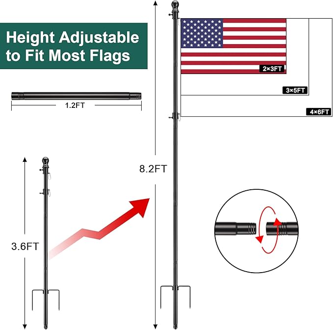 2 Pack Ground Flag Pole for Outside House - 8.5 FT Tangle Free Heavy Duty Flag Pole Kit with Windproof Stand,Outdoor Inground Flag Holder for Yard Garden, Includes Bonus 3x5 American Flag,Black