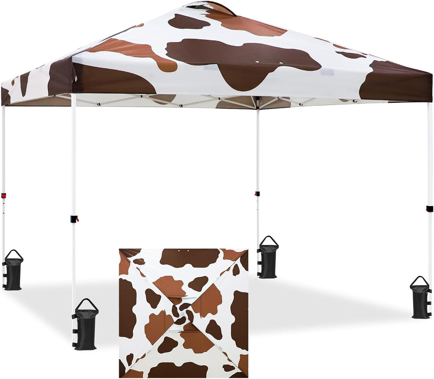EAGLE PEAK Pop Up Canopy Tent with Wheeled Carry Bag, 8 Stakes, 4 Ropes, 4 Weight Bags, Easy Set Up Tent Canopy, 10x10 ft, 100sqft of Shade, Brown Cow Print