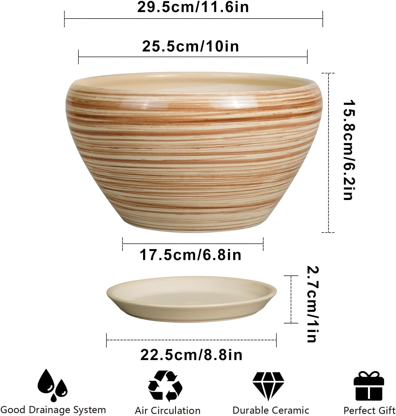 Ceramic Pot for Plants 11 Inch - Planter for Outdoor Plants Indoor Plant Pot with Drainage Hole and Saucer Large Planter Round Flower Pot for House Patio Garden Yellow