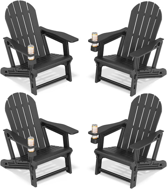 Adirondack Chairs Set of 4, Tool-Free Assembly All-Weather Plastic Adirondack Chairs, HDPE Fire Pit Chairs with Cup Holder, Outdoor Chair for Patio Garden (Black)