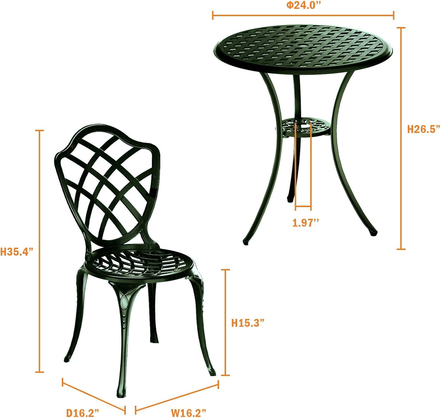 3 Piece Patio Bistro Set, Outdoor Bistro Table and Chairs Set of 2 w/Umbrella Hole, Rust-Resistant Cast Aluminum Bistro Set for Garden/Balcony/Backyard, Green