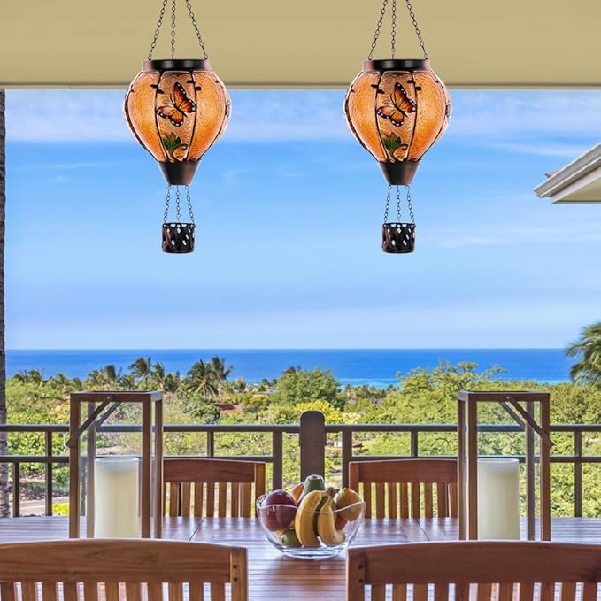 Starsoul Butterfly Hot Air Balloon Solar Lantern with Flickering Flame Light Glass Solar Powered Hot Air Balloon Lamp Waterproof Hanging Outdoor Solar Lantern for Yard Porch Backyard Decor