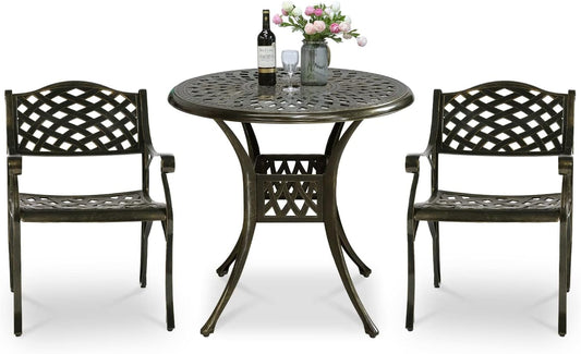 VIVIJASON 3-Piece Patio Bistro Set, All-Weather Cast Aluminum Outdoor Furniture Dining Set, Include 2 Chairs and 31" Round Table w/Umbrella Hole for Balcony, Lawn, Garden, Backyard, Antique Bronze