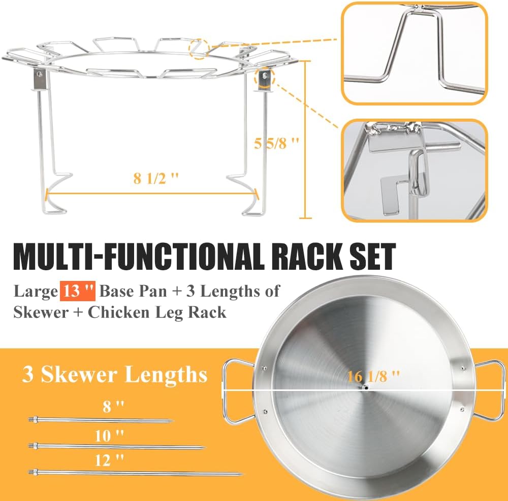 13" Vertical Skewer Gyro Pan Spit Shawarma Stand for oven with Chicken Leg Rack, Al Pastor Skewer for Grill, El Pastor Hack for Tacos Chicken, Brazilian, Stainless Steel, with 8",10" and 12" stick