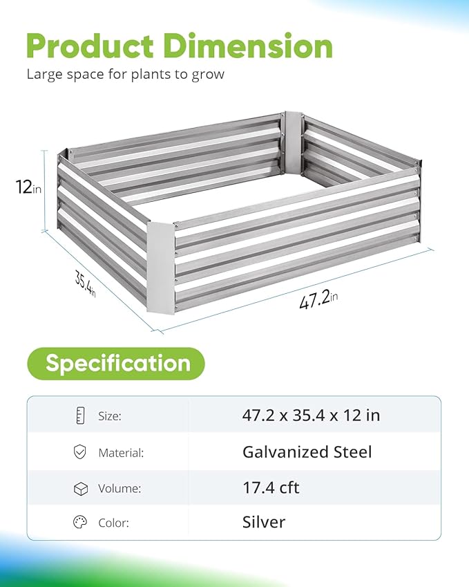 Quictent Galvanized Raised Garden Bed 4x3x1 Ft Metal Planter Box for Vegetables Bottomless for Backyard, Include 1 Tomato Cage, Silver