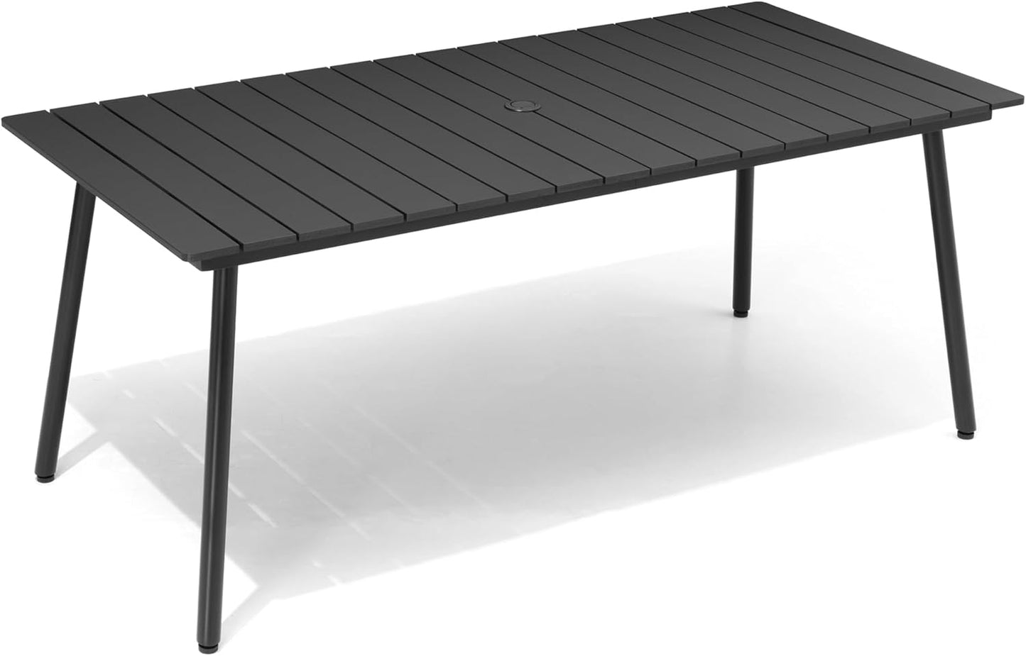 Outdoor Dining Table for 6, 70inch Patio Dining Table with Wooden-Like Top and Aluminum Frame, Rectangular Table with Umbrella Hole Outdoor Furniture, Only Table, Black