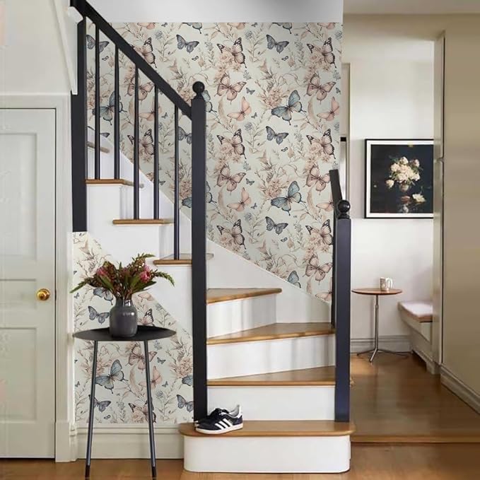 Wonderland Boho Butterfly Flowers Peel and Stick Wallpaper Self Adhesive Removable Easy Peel Off Stick on Wall Paper for Bedroom Cabinet Renter Friendly