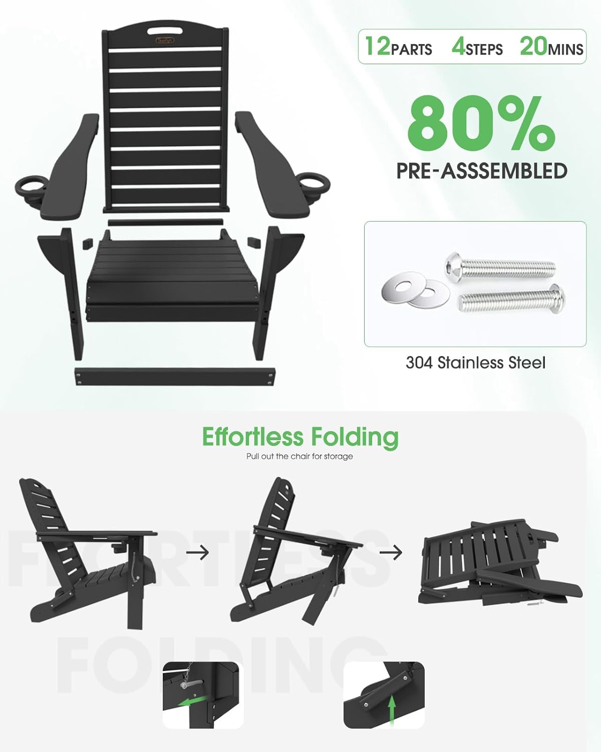 Adirondack Chairs Set of 2, Outdoor Fire Pit Chairs, HDPE All-Weather Adirondack Chairs with Cup Holder, Lawn Chair for Deck, Patio, Garden (Black)