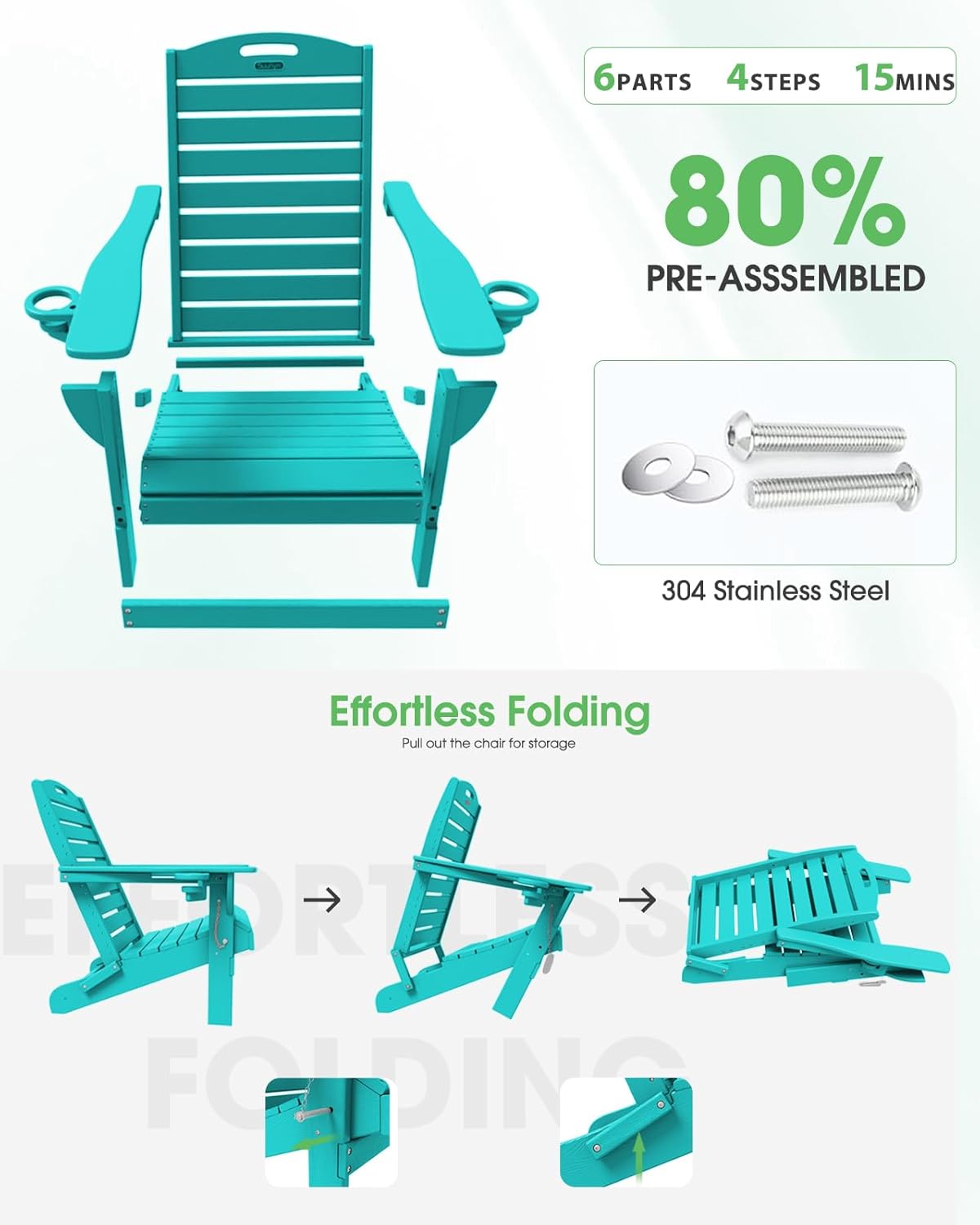 Folding Adirondack Chair HDPE All-Weather Adirondack Chairs with Cup Holder, Outdoor Fire Pit Chairs Lawn Chair for Deck Patio Garden (Lakeblue)