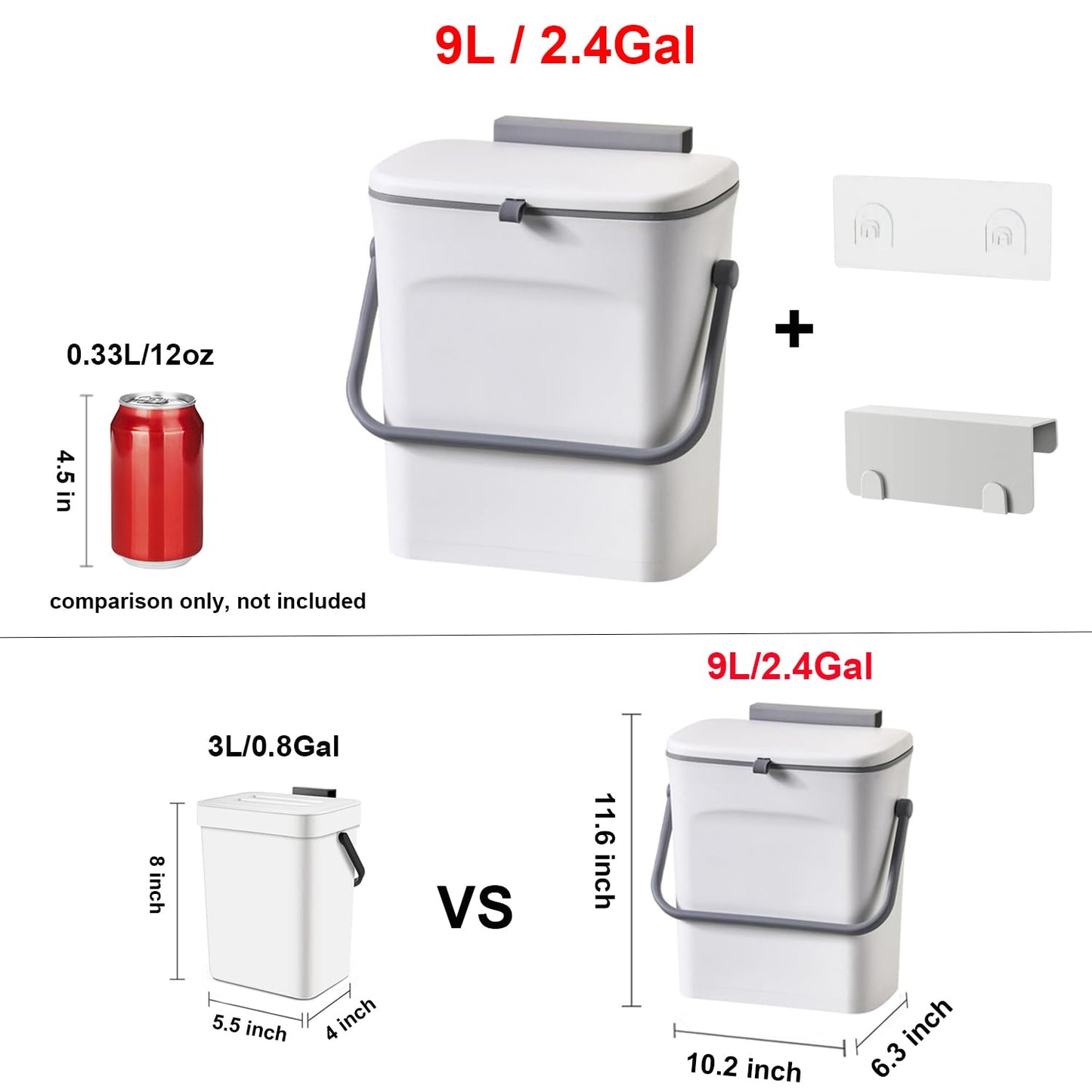 LALASTAR Small Trash Can with Lid, Kitchen Compost Bin for Countertop or Under Sink, Plastic Hanging Waste Basket for RV/Office/Bedroom/Dorm, Mountable, 9L/2.4 Gal, White