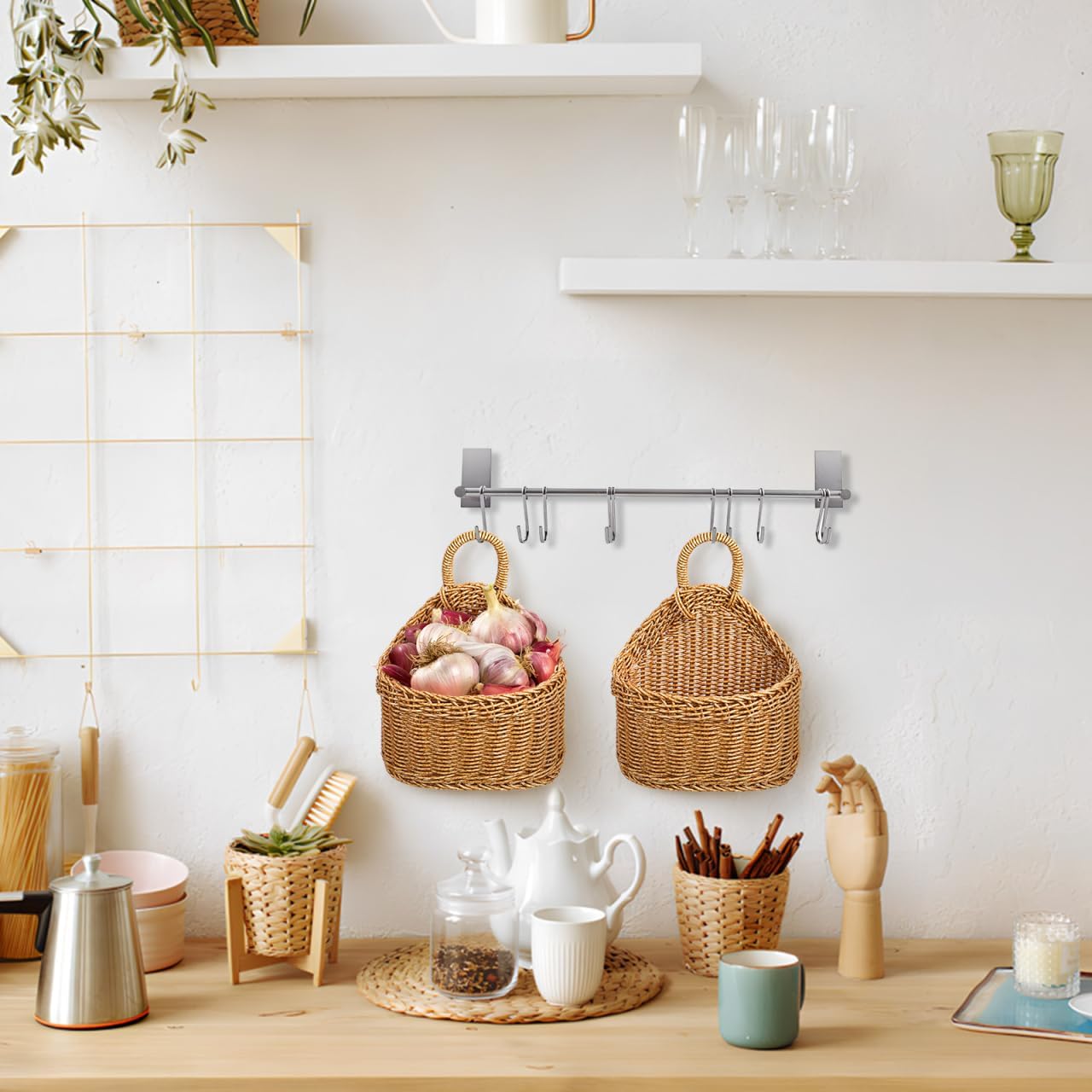 DECHOUS Small Wall Hanging Wicker Storage Basket - Plastic Woven Basket Kitchen Organizing Storage for Garlic Potato Onion Fruits - Home Pantry Wall Decor Housewarming, 9.3x7.5x4.7 Inch