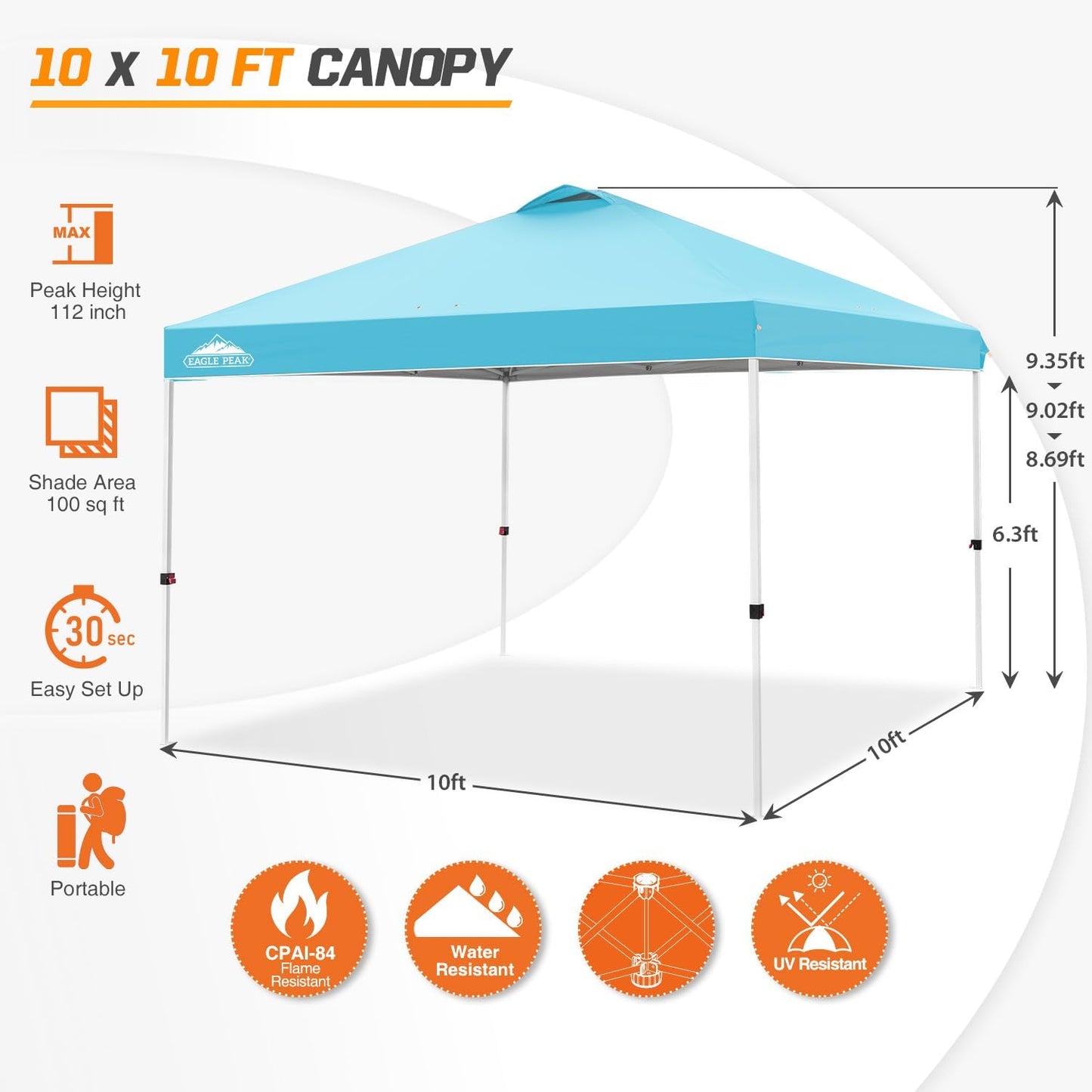 EAGLE PEAK Pop Up Canopy Tent with Wheeled Carry Bag, 8 Stakes, 4 Ropes, 4 Weight Bags, Easy Set Up Tent Canopy, 10x10 ft, 100sqft of Shade, Light Blue