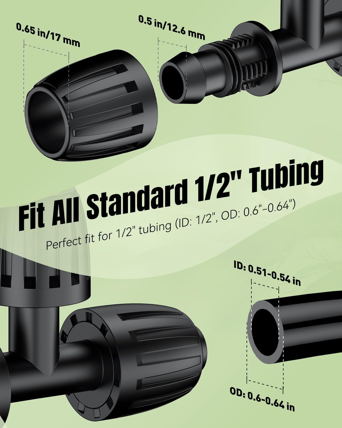 Pawfly 15 Pcs Drip Irrigation Fittings for 1/2 Inch Irrigation Tubing (1/2" ID x 0.64" OD), 1/2" Drip Line T Connectors with Anti-Drop Lock Nuts, Barbed Tees for Garden Irrigation System