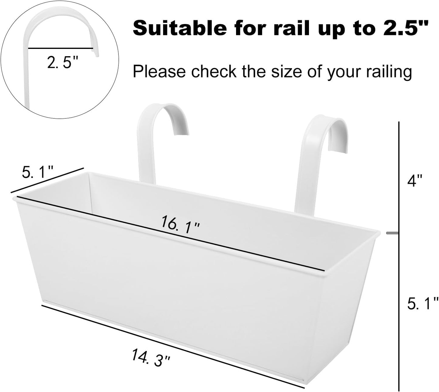 Railing Planters Outdoor Balcony 16 Inch Deck Over The Railing Planter Boxes Hanging Planters for Fence Flower 5 Pcs (White)