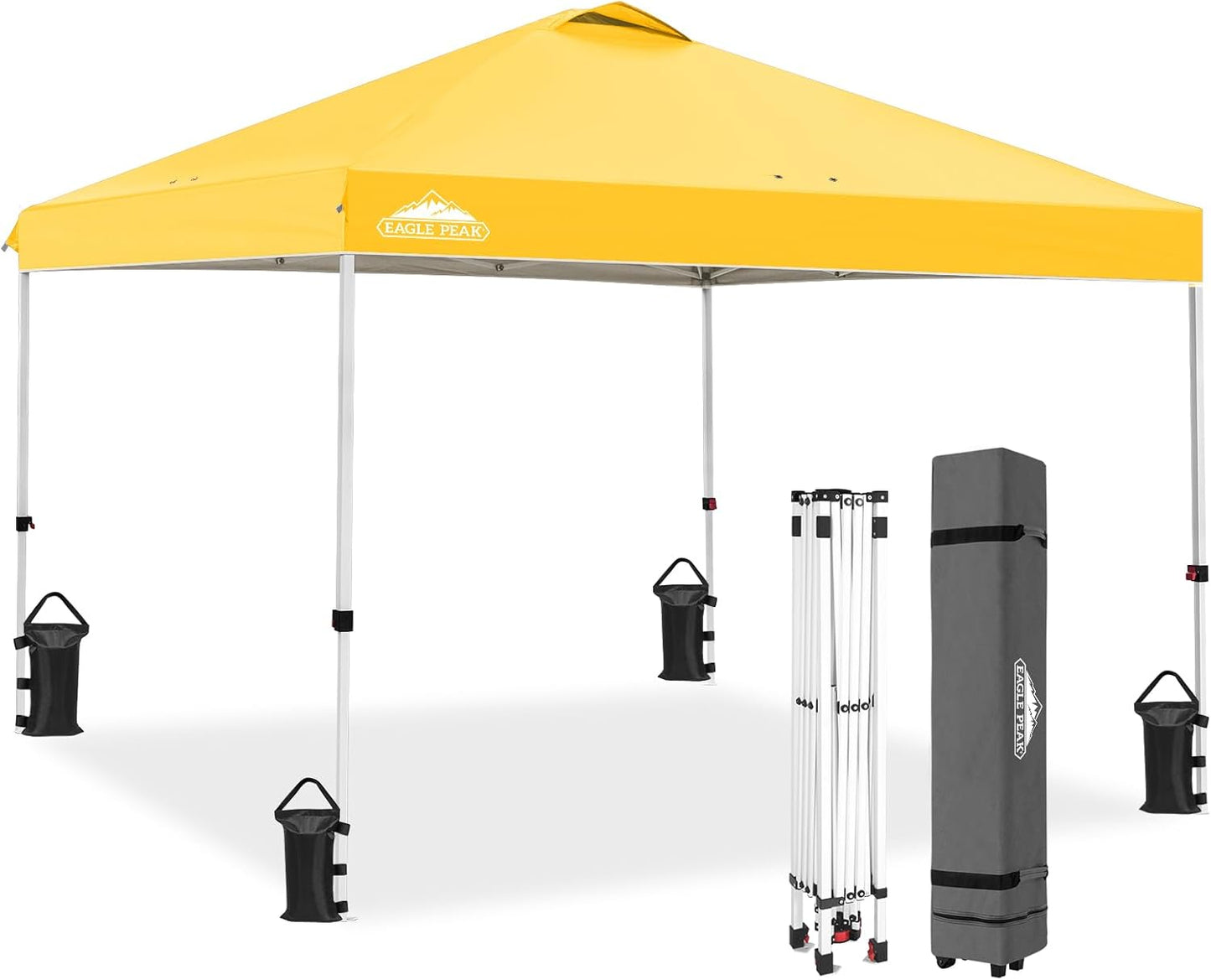 EAGLE PEAK Pop Up Canopy Tent with Wheeled Carry Bag, 8 Stakes, 4 Ropes, 4 Weight Bags, Easy Set Up Tent Canopy, 10x10 ft, 100sqft of Shade, Yellow