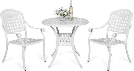 VIVIJASON 3-Piece Outdoor Patio Bistro Set, All-Weather Cast Aluminum Furniture Dining Sets Include 2 Chairs and 31" Round Table w/Umbrella Hole for Balcony, Lawn, Garden, Backyard, White