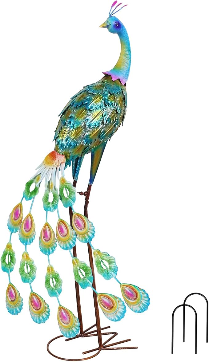 YEAHOME Garden Decor Outdoor Statues, 34" Large Metal Peacock Standing Yard Art, Blue Green Bird Lawn Sculptures Garden Decor for Outside Patio Porch Backyard