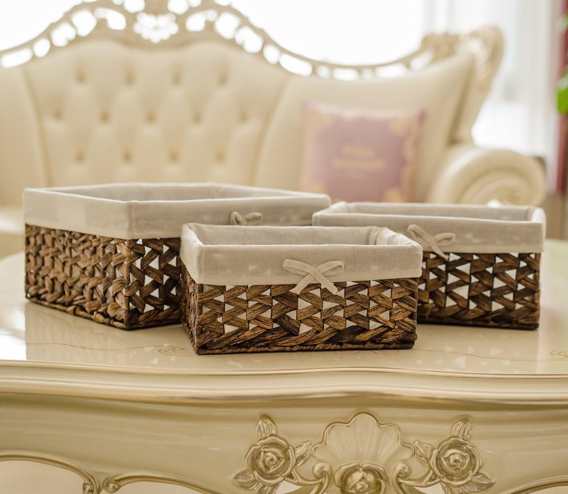 Rectangular Woven Seagrass Storage Bins with Handle,Kingwillow. (water hyacinth, Medium)