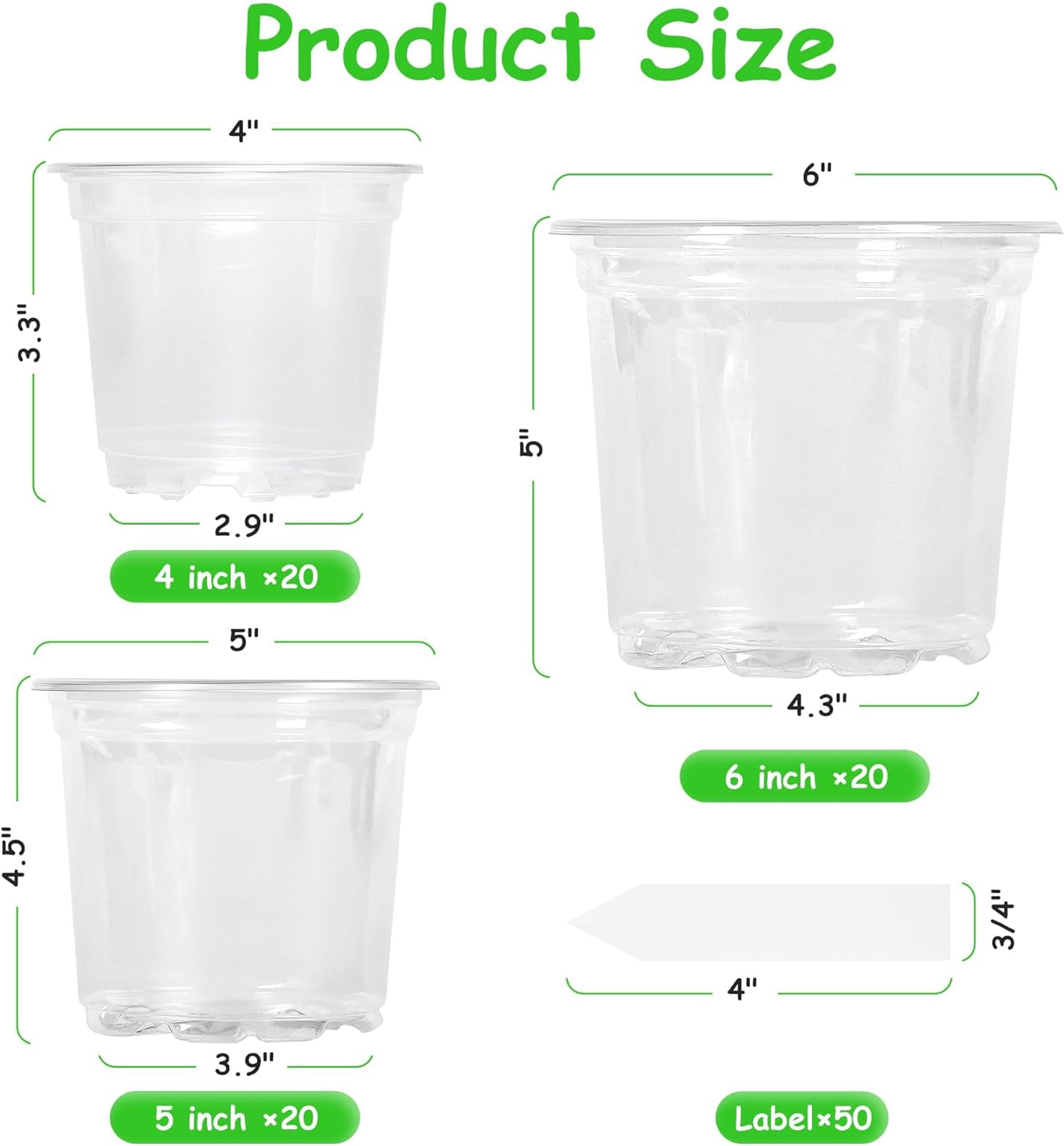 60 Pack 4/5/6 Inch Clear Nursery Pots with Drainage Holes, Transparent Plastic Plant Pots, Reinforced Seed Starter Flower Pots, Comes with 50pcs Plant Labels