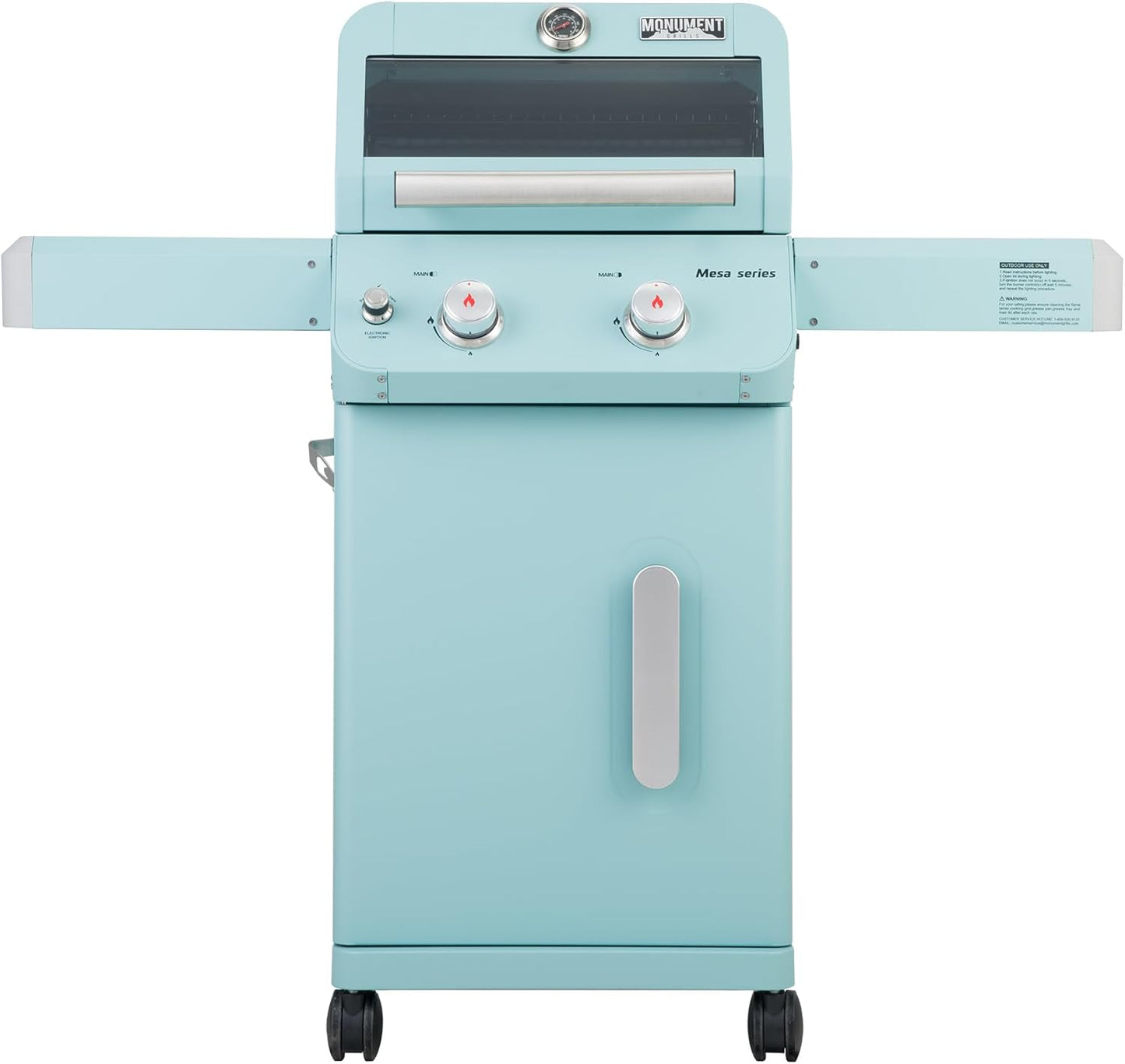 Monument Grills 2-Burner Stainless Steel Liquid Propane Gas Patio Garden Barbecue Grill with Clearview® Lid, Knob Control and Two Foldable Shelves Mesa200G, Green