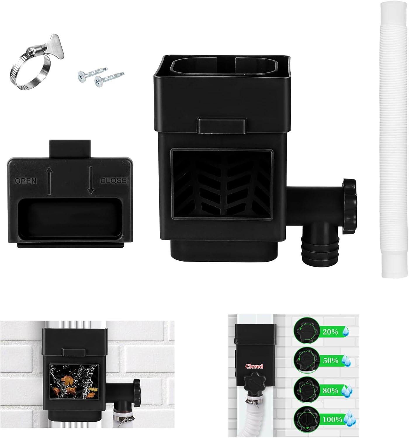 Rain Barrel Diverter Kit, Downspout Diverter Fits for 2"x 3" or 3"x 4" Standard Downspout, Rainwater Collection System with Adjustable Valve and Filter,5ft Hose(Black)