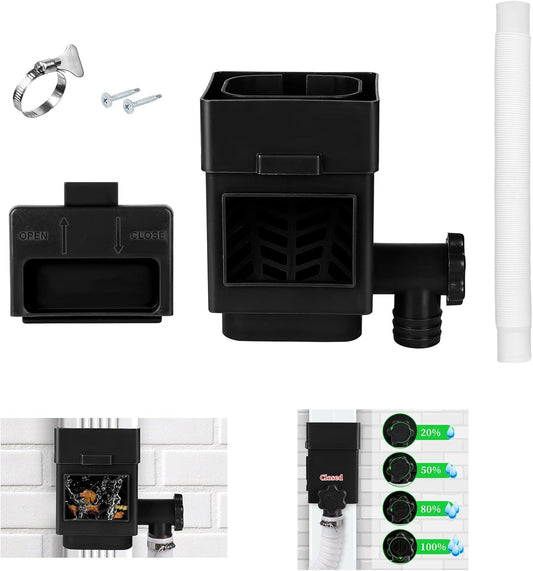 Rain Barrel Diverter Kit, Downspout Diverter Fits for 2"x 3" or 3"x 4" Standard Downspout, Rainwater Collection System with Adjustable Valve and Filter,5ft Hose(Black)