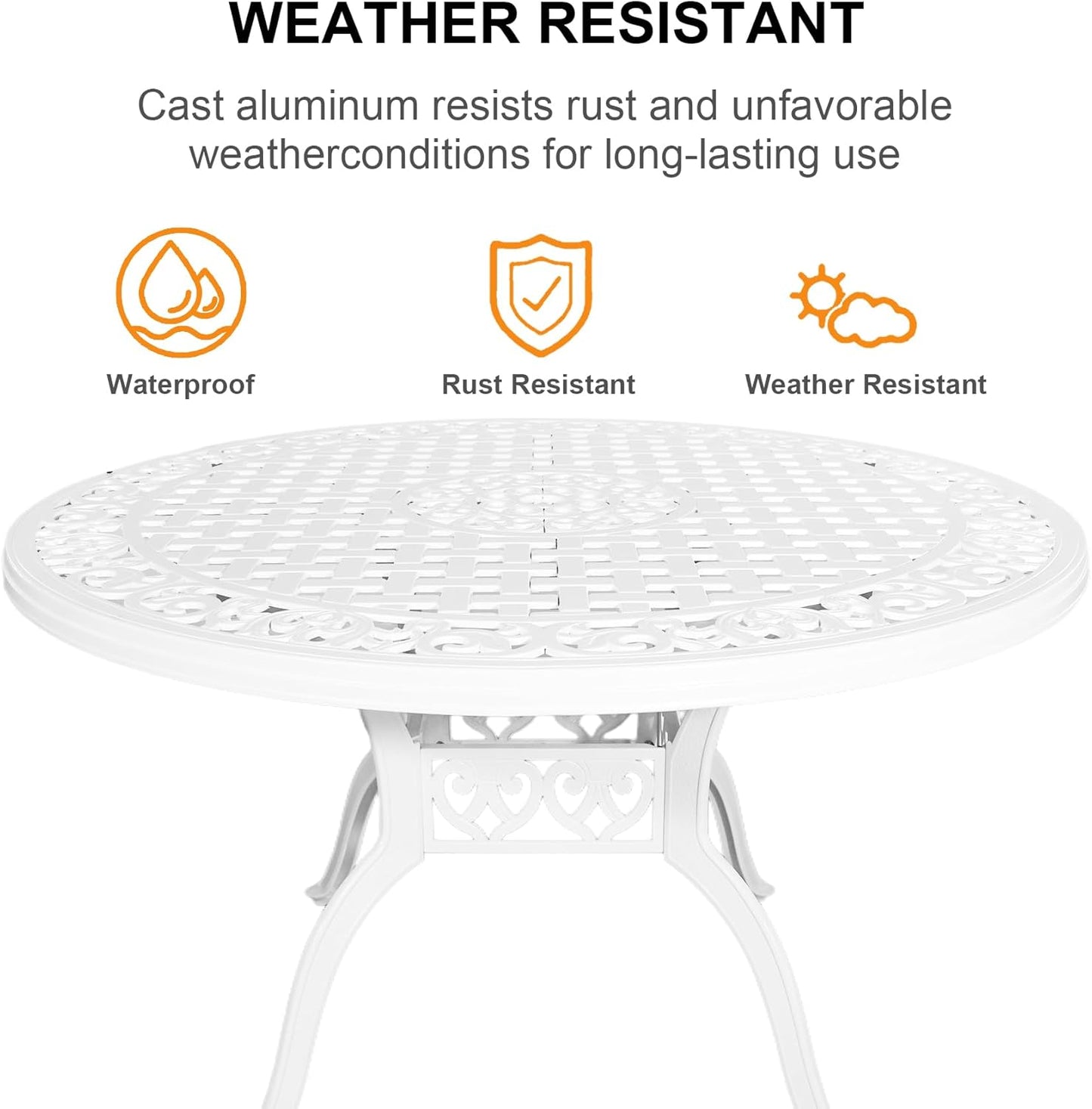 48" Round Patio Table for 6-8 Person Cast Aluminum Bistro Table with 2.36" Umbrella Hole,Metal Outdoor Dining Tables,Wrought Iron Patio Bistro Table,White Patio Table.