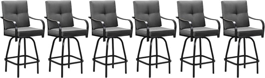 Patio Swivel Bar Stools, Outdoor High Back Swivel Bar Chair Set of 6 with Cushion & All Weather Steel Frame for Backyard, Lawn, Poolside and Balcony, Dark Gray