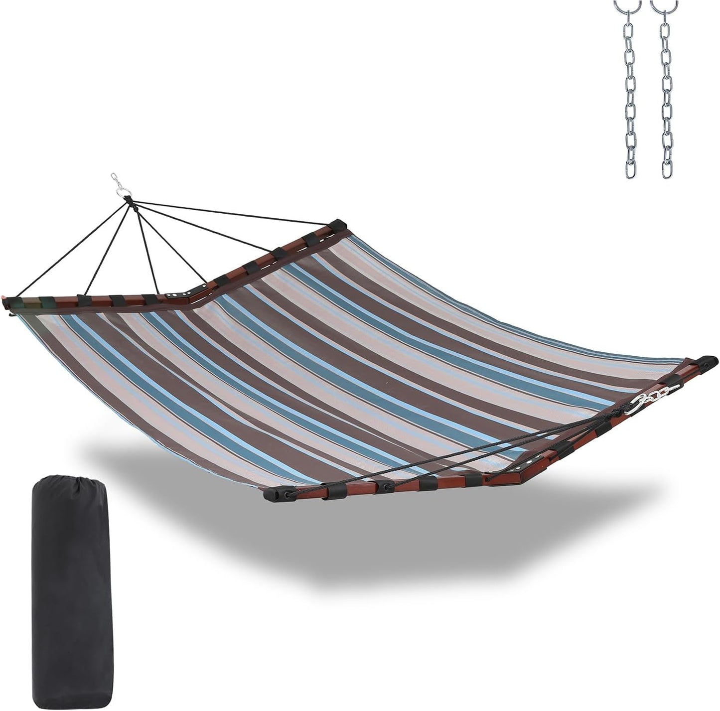 TegerDeger 12FT 2 Person Hammock Large Hammock Quick Dry 450LB Capacity with V Shaped Hardwood Spreader Bar & Nylon Rope for Outside, Patio, Garden, Backyard, Beach, Poolside - Brown Stripes