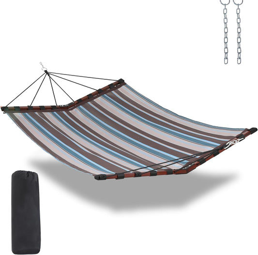 TegerDeger 12FT 2 Person Hammock Large Hammock Quick Dry 450LB Capacity with V Shaped Hardwood Spreader Bar & Nylon Rope for Outside, Patio, Garden, Backyard, Beach, Poolside - Brown Stripes