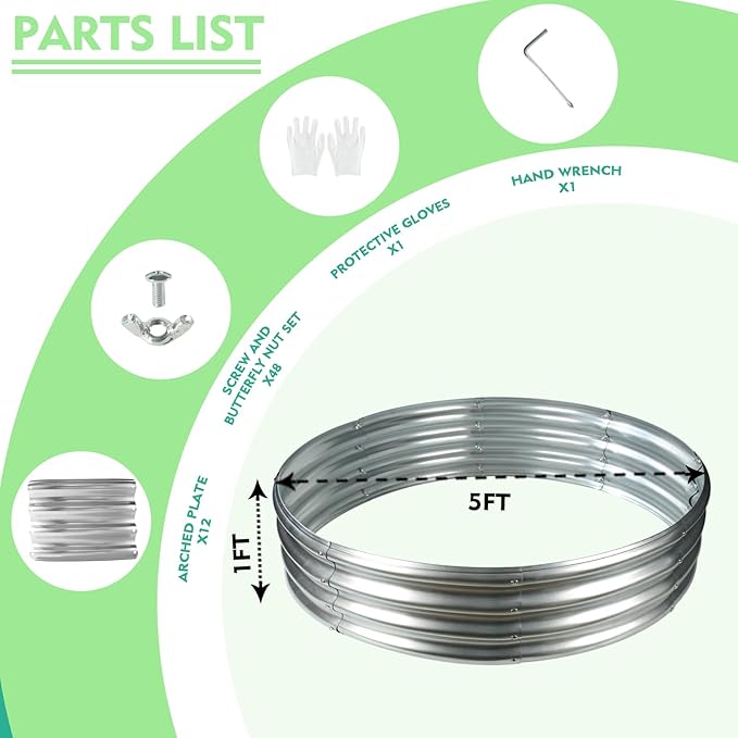 60 Inch Diameter Silver Galvanized Garden Raised Bed/Plant Box/Fire Pit Ring-0.8mm Thick,12 Inch Tall,Crimped Edge and Corner,No Sharpe,Perfect for Plantings (5FT Diameter, Round)