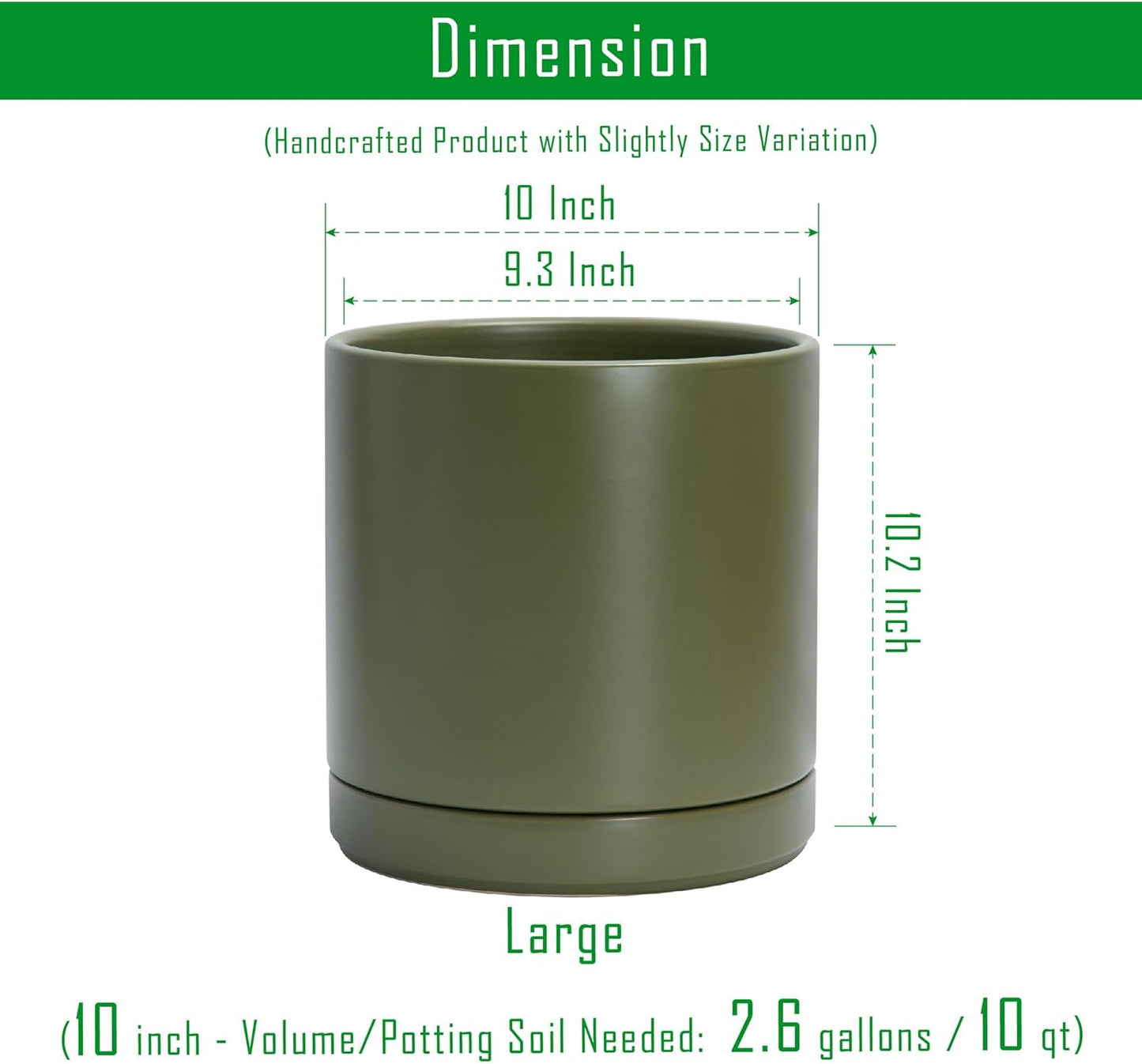 D'vine Dev Set of 2 Plants Pots, 10 Inch Ceramic Planter Pot for Plants with Drainage Hole and Saucer, Olive, 94-V-E-J