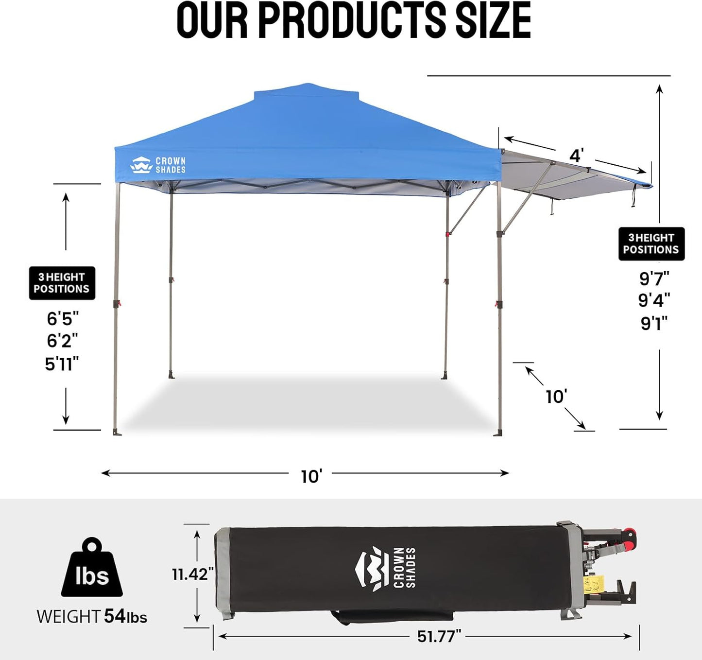 CROWN SHADES 10x10 Pop up Canopy Tent, Instant Commercial Canopy with Extend Awning, Patended Centerlock, 150D Silver Coated Fabric, 4 Ropes, 8 Stakes, 4 Weight Bags, STO 'N Go Bag, Blue