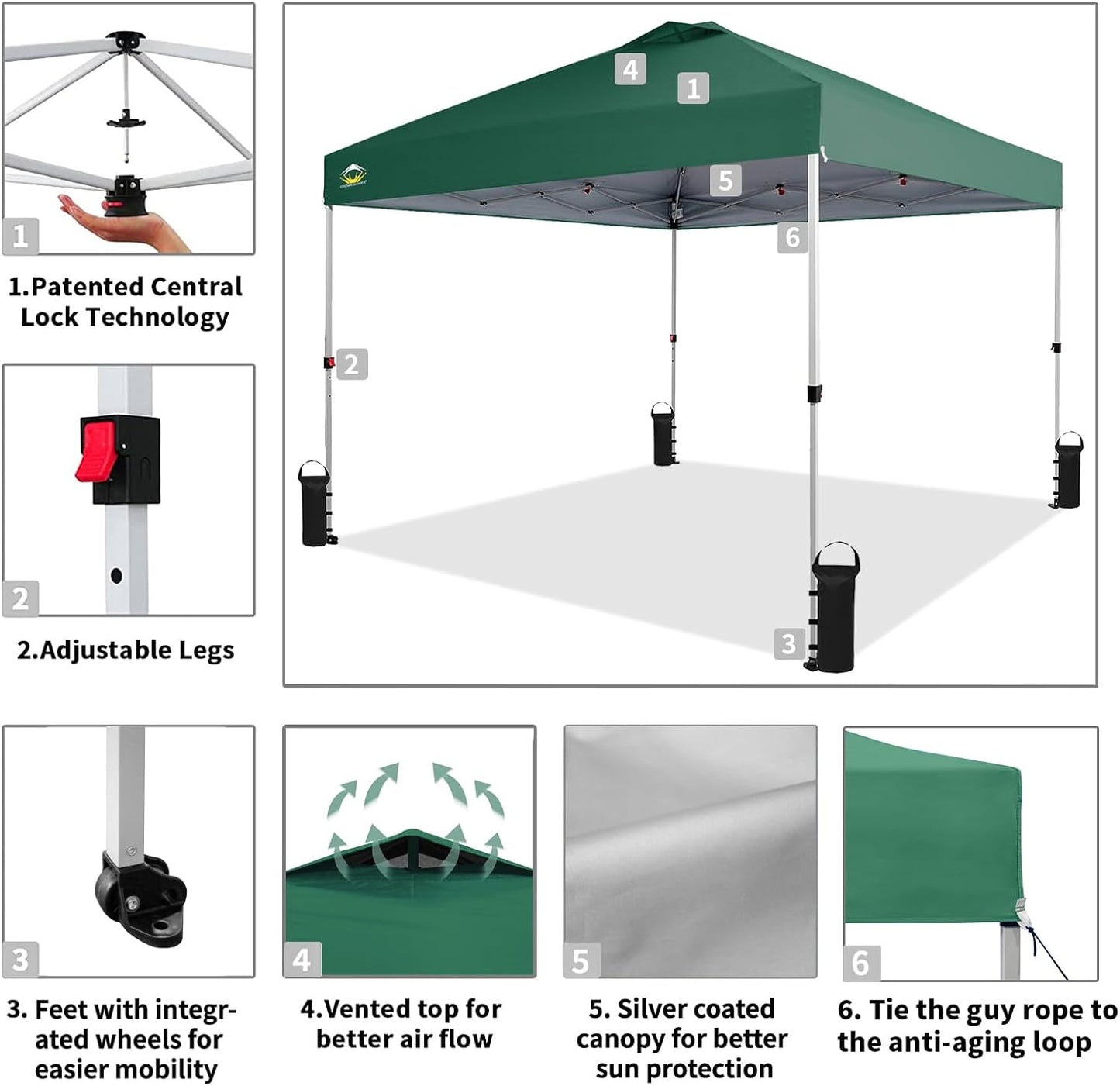 CROWN SHADES 10x10 Pop Up Canopy - Beach Tent with One Push Setup - Easy Outdoor Sun Shade for Events, Parties, Camping - Gazebo with STO-N-Go Cover Bag, Silver Coated Top, Forest Green